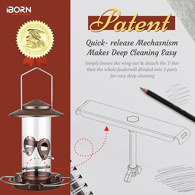 iBorn Bird Feeder Squirrel-Chew Proof Metal Hanging Birds Feeder Bird Feeders for Outdoors Hanging Outside for Cardinal, 3 Perches with 2 Feeding Ports, Brushed Coffee (Seed is not Included)