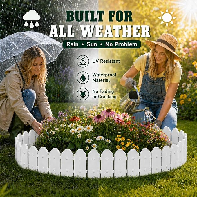 Evelyne Garden Border Edging: Wooden Grain Fence Dog Ear Design - Landscaping Fence Liner Lawn Edge Barrier - Decorative Lawn Landscape Panels Elements -Landscaping Edging (White, 20ft.)