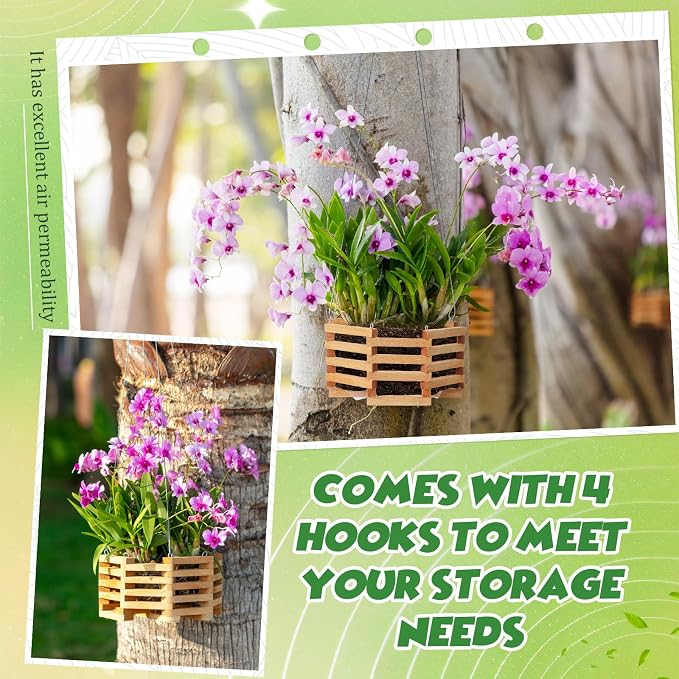 4 Pcs Wooden Orchid Baskets with Hangers for Outdoor Plants, Rustic Handmade Vanda Baskets, Hanging Orchid Planter, 4 Size