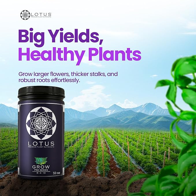 Lotus Nutrients Grow Pro Series, Water Soluble Plant Nutrient Powder, 14+ Ingredients with Chelated Micronutrients and Amino Acids, for Coco Coir, Hydroponics, Soil, Indoor and Outdoor Grows, 32oz