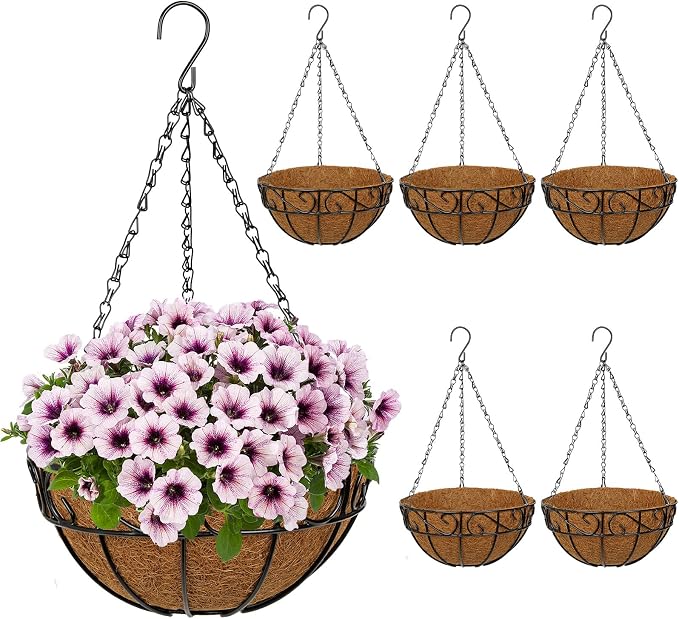6 Pack 10 inch Metal Hanging Baskets for Plants, Round Metal Wire Hanging Basket Planter with Coco Fiber Liners Chain for Garden Home Porch Patio, Flower Border