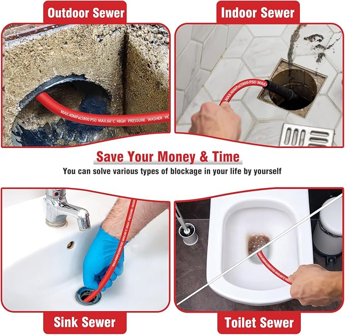 Sewer Jetter Kit 100FT for Pressure Washer, 5800 PSI Drain Cleaner Hose 1/4 Inch NPT with Spray Nozzle, Button Nose and Rotating Sewer Jetting Nozzle, Spanner Teflon Tape Pearl Corsage Pin