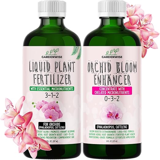 GARDENWISE Orchid Fertilizer – Complete Orchid Plant Food Set 3-1-2 & 0-3-2 Liquid Fertilizers for Blooming, Root Growth – Optimal Orchids Care (2 x 16 OZ Bottles)