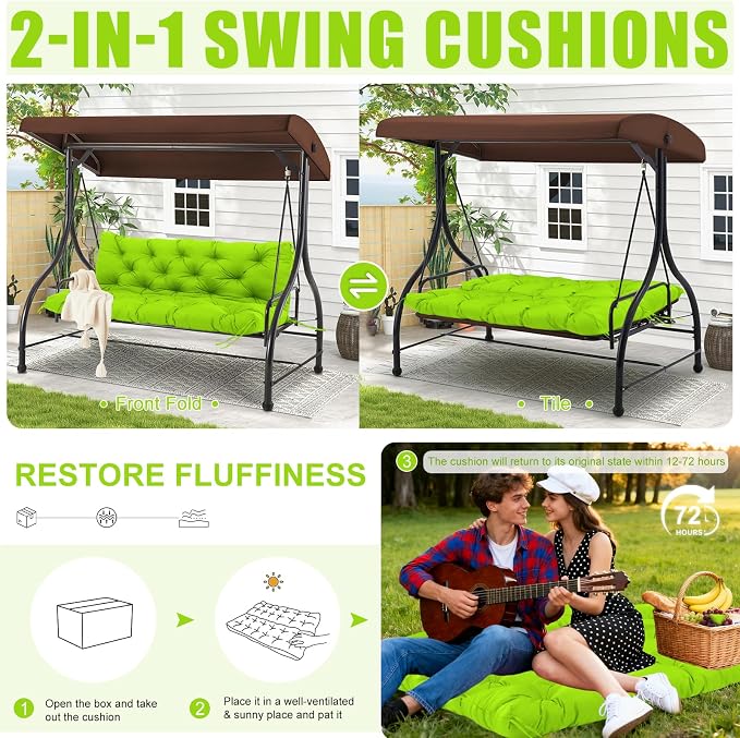 Porch Swing Cushions Outdoor 60 inch x 40 Waterproof Swing Cushions 3 Seater Replacement with Backrest & 8 Ties 5" Thick Bench Swing Cushions for Outdoor Furniture Patio(Grass Green)