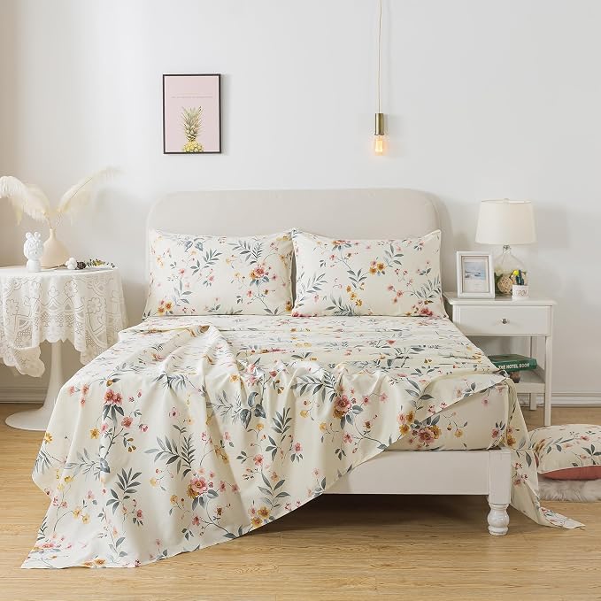 FADFAY Floral Sheets Set Twin Vintage Pink Floral Bedding Shabby Beige Elegant Botanical Sheets Rustic Farmhouse Bedding 800 Thread Count 100% Egyptian Cotton Deep Pocket Fitted Sheet 4Pcs, Twin Size