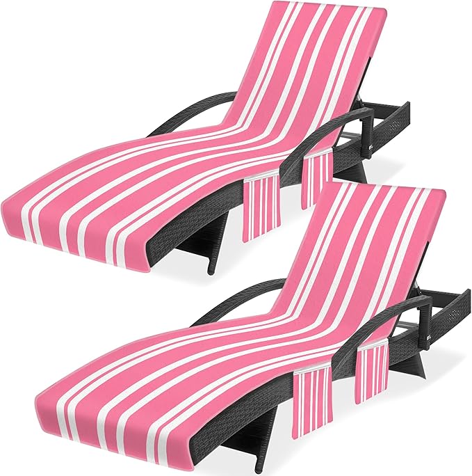 Lounge Chair Towel Cover, Beach Chair Covers (Pack of 2), Chaise Lounge Cover with 3 Pockets for Pool Beach Garden Courtyard Outdoor Trips, 85 x30 in, Striped Pink