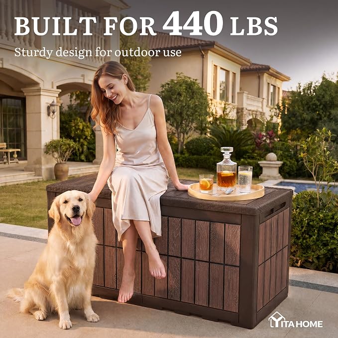 YITAHOME 134 Gallon Large Deck Box, Waterproof Resin Outdoor Storage Box with Lock, Doubles as Bench Seating for Patio Furniture Cushion, Garden Tools &Pool Accessories, Dark Brown & Wood-Grain Brown