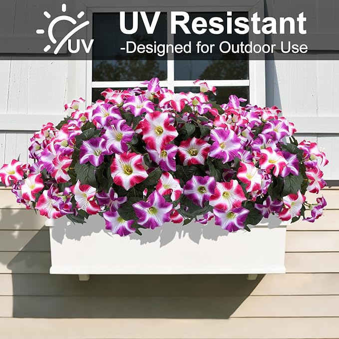 Geegoods Artificial Flowers Plants for Outdoors, 4 Bundles UV Resistant Fake Faux Petunias for Outdoor Planters Patio Front Porch Balcony Garden Decor