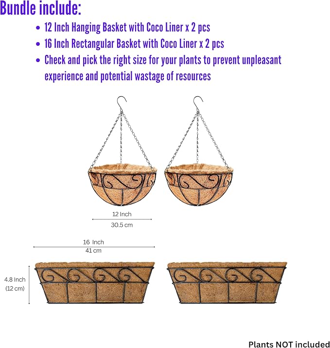 LaLaGreen Bundle- 2 Pack, 12 Inch Hanging Basket with Coco Liner + 2 Pack, 16 Inch Rectangular Metal Basket with Coco Liner Attach House Window Rail Flower Box Country Style Balcony Porch Garden Decor