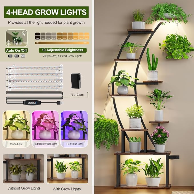 Plant Stand Indoor with Grow Lights: 9 Tiered Metal Plant Shelf Pots For Plant Lovers - 63" Tall Indoor Flower Rack Display Holder Multiple For Room - Corner Large Planter Shelves For Patio,Wall