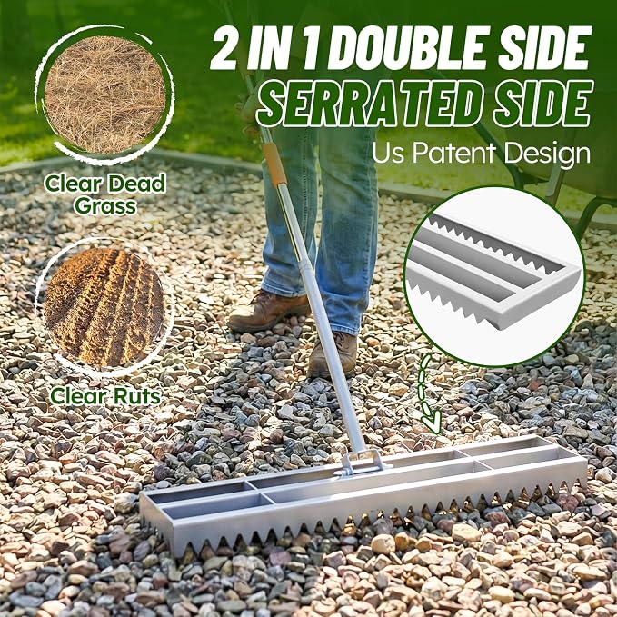 Lawn Leveling Rake, 2-in-1 Double-Sided Landscape Leveler with 20 Marking Flags for Low Spot, 30"×10" Heavy Duty Stainless Steel Flat & Serrated Side for Soil Sand Gravel, Yard Garden Golf Course