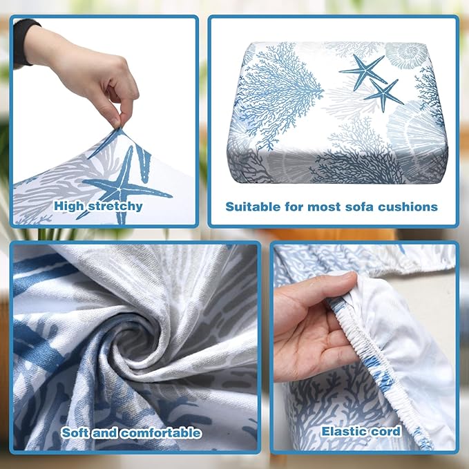 Hosuly 8 Pcs Summer Sofa Cushion Cover Patio Stretch Beach Outdoor Seat Cushions Covers Starfish Seashell Coral Replacement Couch Chair Slipcovers Coastal Sofa Seat Cover Flexibility