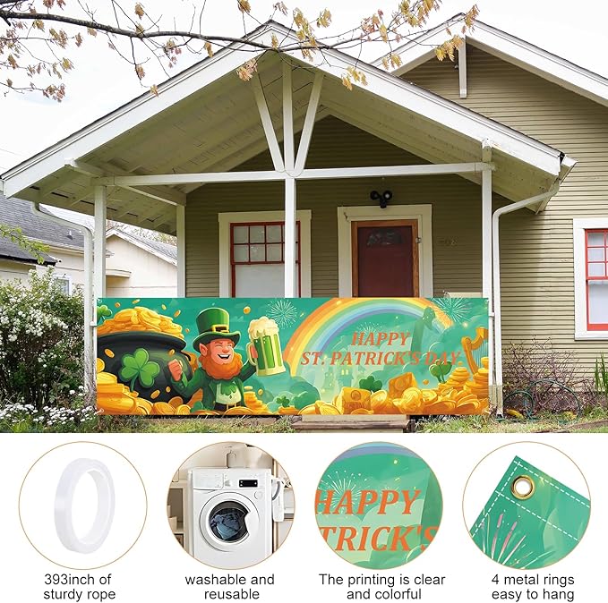 10x3 ft Extra Large Happy St. Patrick's Day Banner Outdoor 115''x35'' Happy St. Patrick's Day Banner for Fence Outside Garden Large Banners Yard