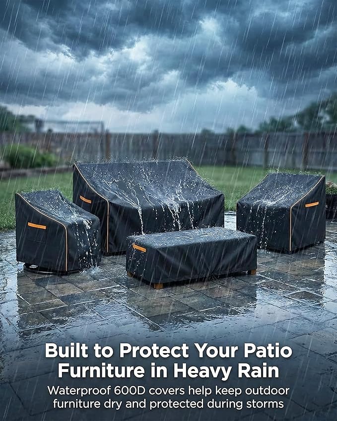 Outdoor Furniture Cover Waterproof, 4-Piece Patio Furniture Cover Set, 600D Heavy Duty Protection Patio 3-Seater Sofa Swivel Rocker Chairs and Coffee Table Garden Protective Furniture Set, Black