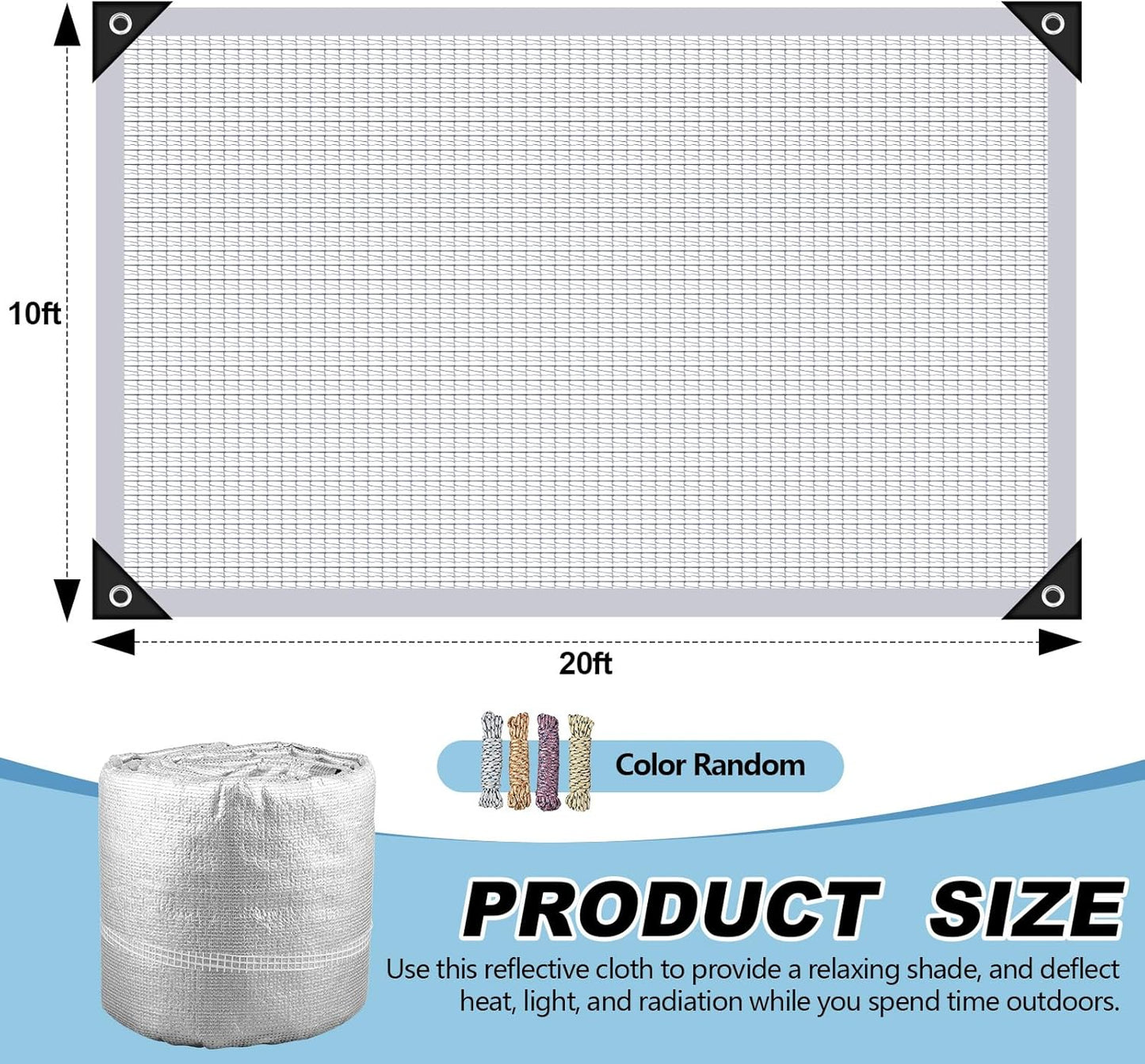 99% Aluminet Shade Cloth Reflective Tarp 10 x 20 ft Aluminium Cloth Porch Privacy Screen with Grommets for Car Garden Pergola Patio Sun Shade Kennel Cover Durable Mesh Canopy Cover Easy Setup