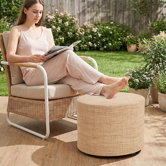 ONBRILL Outdoor Round Ottoman, All Weather Outdoor Footstool with Supportive Textliene, Patio Footrest with Sturdy Metal Frame, Multipurpose Outdoor Furniture for Patio, Balcony, Pool, Indoor, Beige