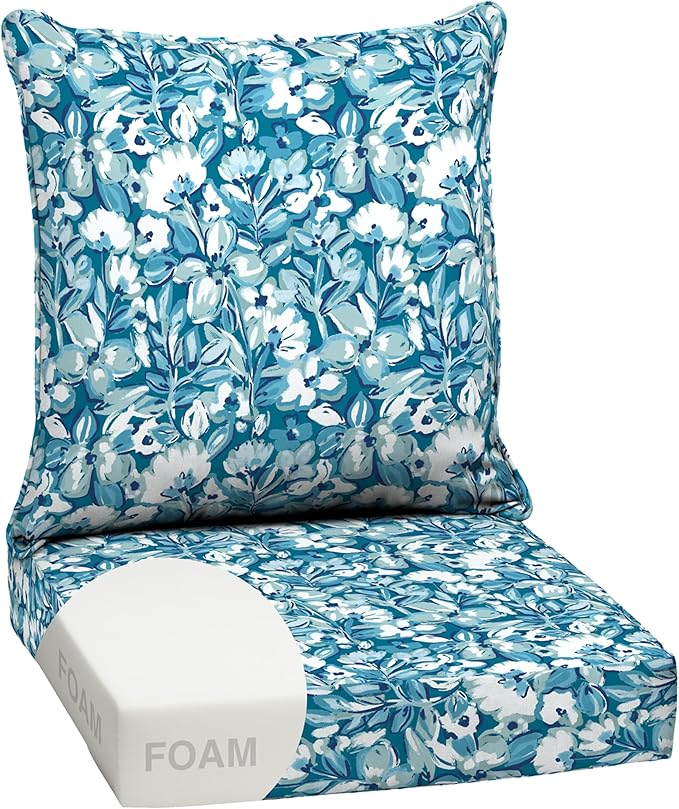 Arden Outdoor Foam Deep Seat Cushion Set, 24 in x 24 in, Weather-Proof, Rain-Proof, Fade Resistant Patio Cushion, Bottom and Back Cushion for Chair, Sofa, and Couch Aqua Blue Fusion Floral