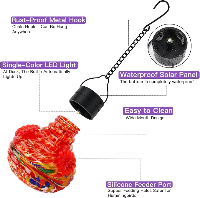 VOREEN Solar Hummingbird Feeder, Hand Blown Glass 17oz Hanging Feeder with LED Light, Waterproof & Rust-Proof Silicone Flower Ports, Decorative Garden Lantern for Outdoor Yard Patio (Multicolor)