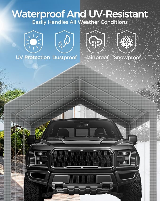 Heavy Duty 12x20FT Carport Replacement Canopy Cover, Waterproof UV Protected Tarp Replacement Top for Carport Frame with Ball Bungees, Car Garage Shelter (Gray, Top Cover Only)