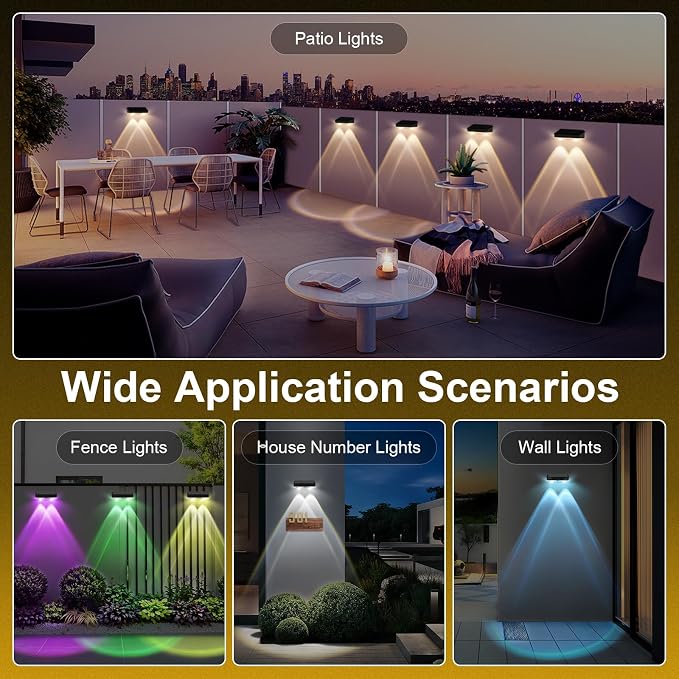 Solar Fence Lights Outdoor 8 Pack, Warm White & Cool White & 6 Colored+RGB Color Changing, High Brightness LED Spot Lens Deck Lights Dusk to Dawn for Backyard Stair Railing Patio Wall, IP65 Waterproof