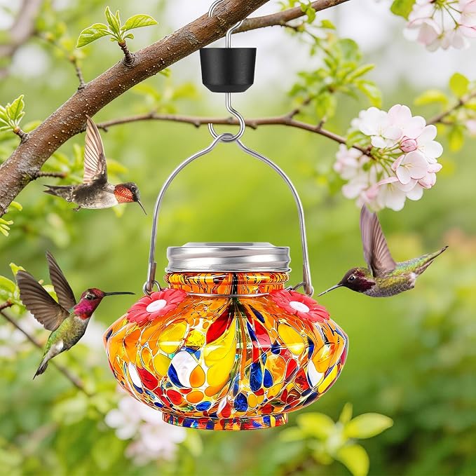 BOLITE Hummingbird Feeders for Outdoors, Hand Blown Top Fill Hummingbird Feeder, Glass Mason Jar with 4 Flower Feed Ports, Easy to Clean, Leak Proof, Bee Proof, Ant Moat, Orange, Gift for Bird Lovers