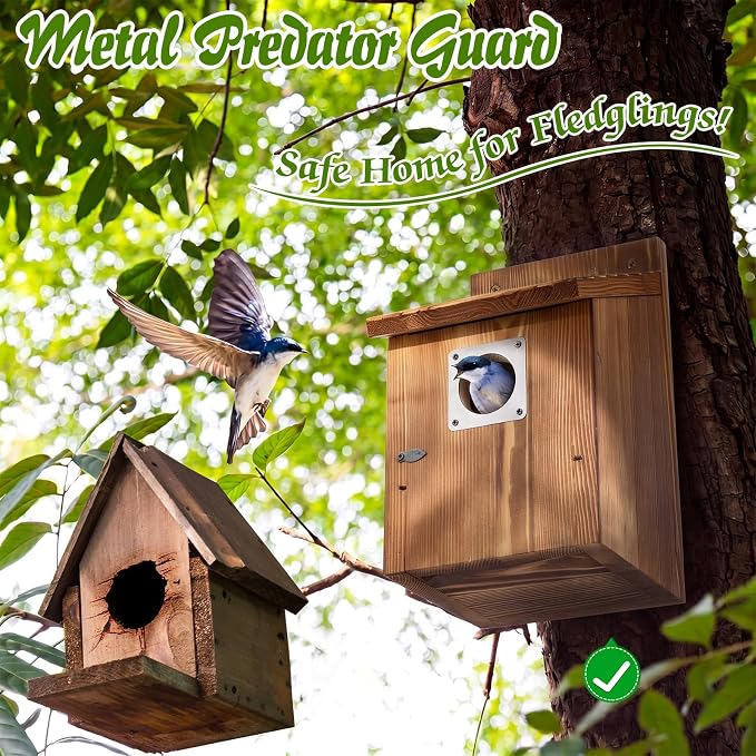Dreyoo 4 Pack Bluebird Houses for Outside with Metal Predator Guard, 1-1/2" Entrance Hole Wooden Blue Bird Houses for Outdoors, Bluebird Nesting Box(Burnt Wood)
