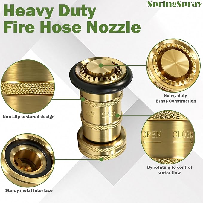 1" NPSH/NPT Brass Fire Hose Nozzle, Heavy Duty Adjustable Spray Jet Fog Nozzle, Constant Flow Industrial Firefighter Nozzle, 36 GPM, 100 PSI