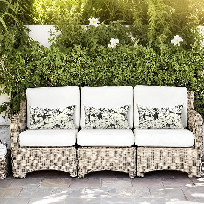 LVTXIII Outdoor/Indoor Lumbar Pillows, Decorative Patio Lumbar Cushions, Fluffy Fade Resistant Throw Pillow Cushions for Home Patio Coach Sofa, 12×20 Inch, Pack of 2, Tropical Blossom Noir