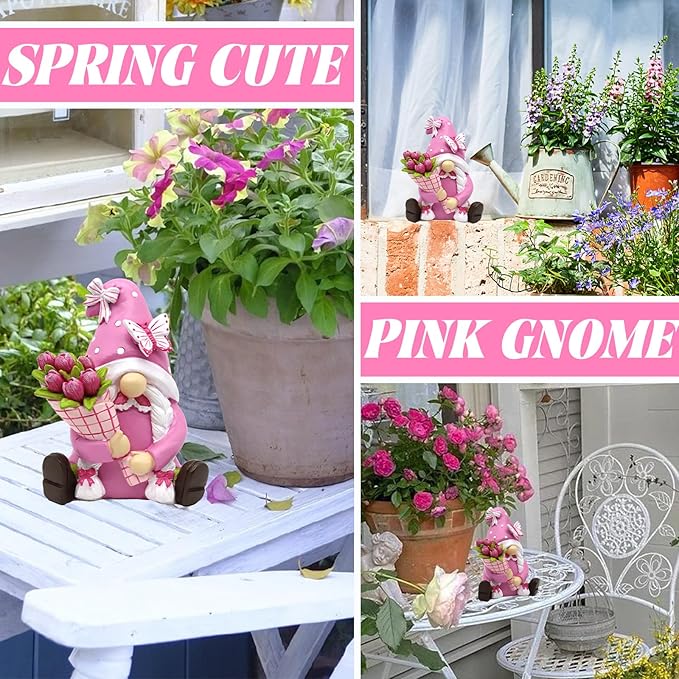 Spring Gnomes Decorations for Home Office- Pink Resin Garden Gnomes with Butterfly Tulip Tiered Tray Decor- Spring Mother's Day & Retirement Gifts