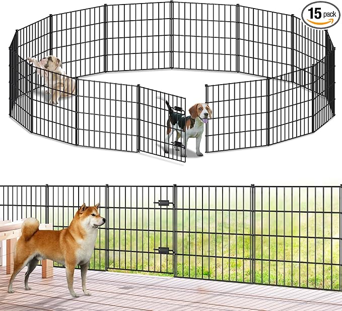 FOREHOGAR Metal Garden Fence 28in (H) x 35ft (L), 1 Gate + 14 Panels Dog Fences Border Fence Animal Barrier, No Dig Garden Fencing for Yard Flower Bed Lawn Patio Outdoor, PIN282815G Black