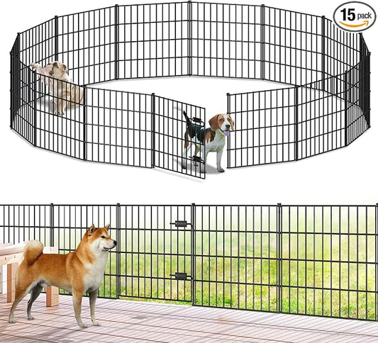 FOREHOGAR Metal Garden Fence 28in (H) x 35ft (L), 1 Gate + 14 Panels Dog Fences Border Fence Animal Barrier, No Dig Garden Fencing for Yard Flower Bed Lawn Patio Outdoor, PIN282815G Black