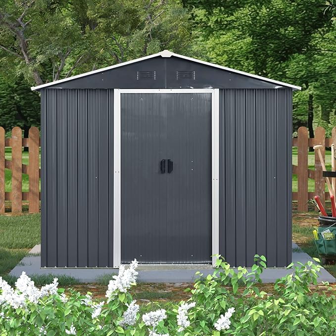 8x4 FT Outdoor Metal Storage Shed with Window, Galvanized Steel Garden Shed, Lockable Sliding Door, Sloped Roof, Ventilated Tool Storage House with Foundation Kit for Backyard Lawn, Black+White