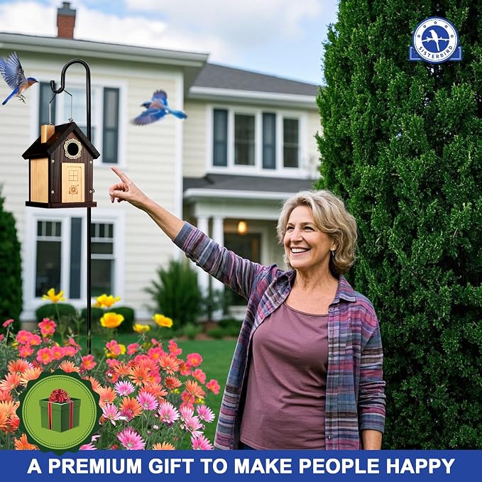 SISTERBIRD Bluebird House, Premium Bird Houses for Outside, Wooden Cabin Blue Bird Houses for Outdoors, Courtyard Decorated Hanging Bird House