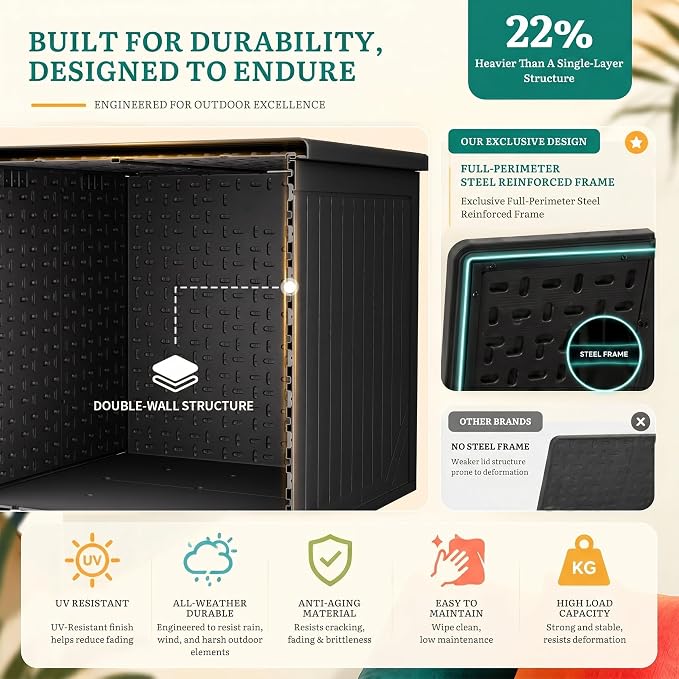 YITAHOME XXL 300 Gallon Extra Large Outdoor Deck Box, Lockable Resin Double-Wall Storage Box and Waterproof Patio Furniture Bin for Garden Tools & Pool Accessories, Black