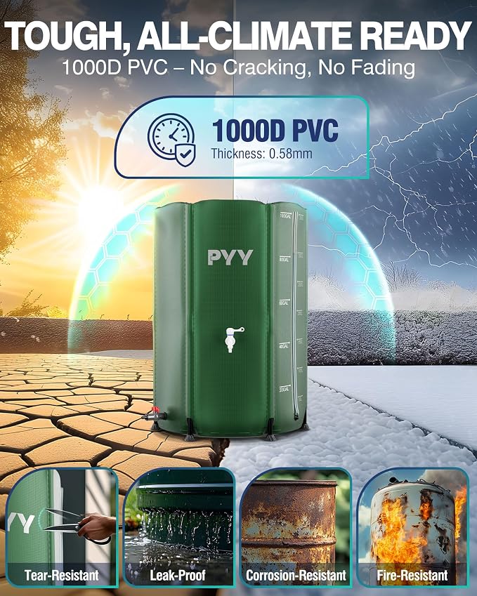 PYY Rain Water Collection Barrel - 100 Gallon Green Large Water Storage Tank with Spigots, Portable Rain Catcher to Collect Rainwater from Gutter, Plastic Rain Catchment System with Collapsible Bucket
