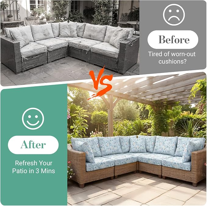 pickyNproud 14Pcs Patio Cushion Covers Stretch Outdoor Couch Cushions Slipcovers Replacement Washable Furniture Protector with Elastic Bottom Sofa Chair Seat Cover, Light Cyan