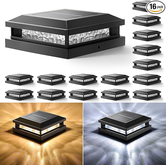 Solar Post Cap Lights 16 Pack, Upgraded Outdoor Fence Post Lights for 4x4 4.5x4.5 5x5 Vinyl/Wood Posts, Black Deck Posts Cap Light Solar Powered with Warm White/Cool White for Garden Patio Porch