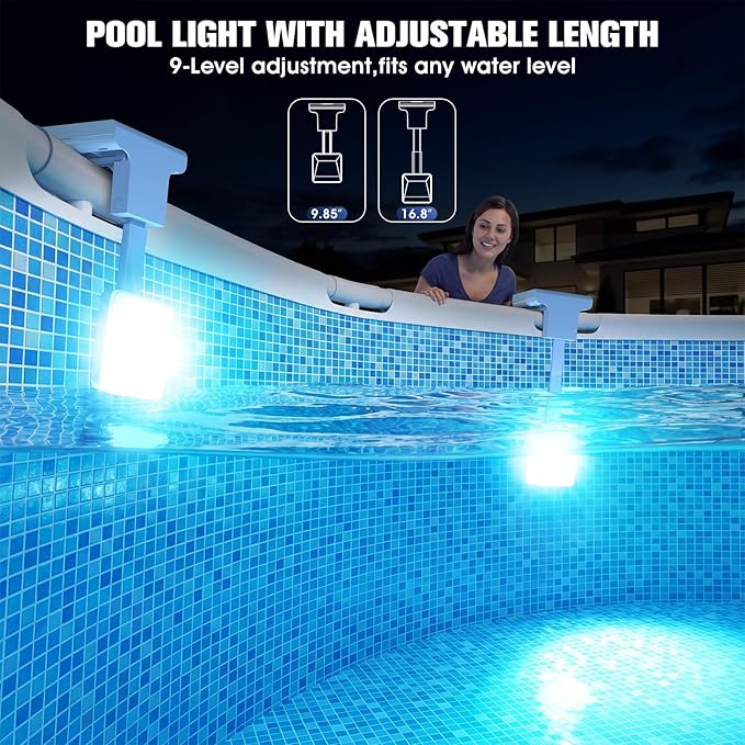 Solar Pool Lights for Metal Frame Above Ground Pool, Upgraded Solar Lights w/LCD Pool Thermometer,Underwater Led Lights for Pool Accessories,Swimming Pool Lighting with 10 Light Modes,1PC
