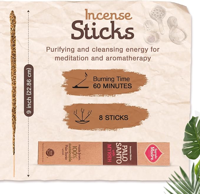 Sagrada Madre 8pcs Wildly Harvested Thick Palo Santo Incense Sticks (Myrrh), 9” Long - Eco Friendly, Non-Toxic, Aromatic Incense Sticks (1hr Burning Time) to Heal & Calm Your Body and Environment
