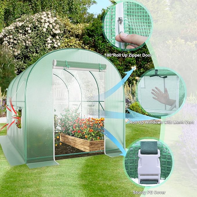 10x7x7 Walk-in Greenhouse with Watering System, Heavy Duty Green House for Outdoors, Portable Green Houses for Outside, Winter Hot House with Metal Frame & Roll-up Zipper Door Screen Windows