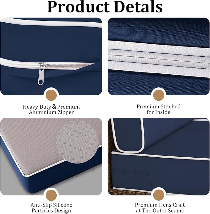 14 Piece Outdoor Furniture Replacement Cushions, Cover+Filling, 25.6" x 25.6" x 4" Foam Waterproof Outdoor Sofa Cushion Sets, Fit Wicker Rattan Sectional Conversation Set,Navy Blue+white Piping