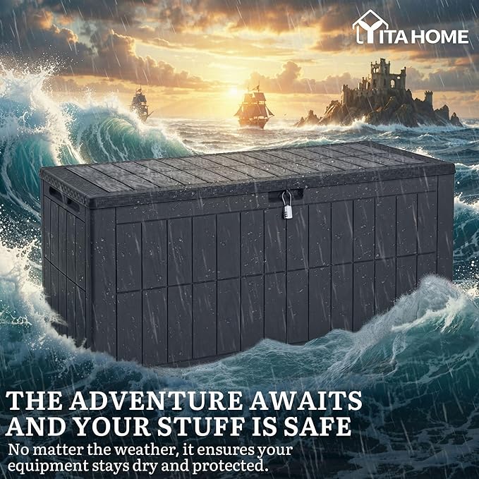 YITAHOME 134 Gallon Large Deck Box, Waterproof Resin Outdoor Storage Box with Lock, Doubles as 2-Person Bench Seating for Patio Furniture Cushions,Garden Tools & Pool Accessories, Dark Gray