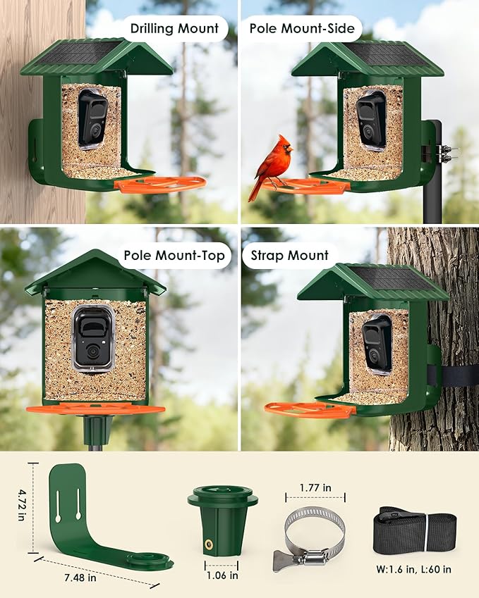 Bird Feeder with Camera Solar Powered, 2K Live Arrival Alert Auto Capture Video with 32GB TF Card, AI Identify Smart Camera Bird Feeder Ourdoor Backyard Gift for Mom Dad Birdlover, 2.4G WiFi