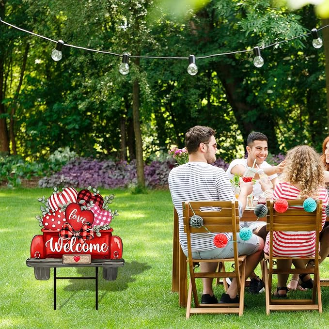 JarThenaAMCS Valentine' s Day Metal Garden Stake Welcome Yard Sign Red Love Heart Truck Decorative Lawn Sign for Wedding Anniversary Home Outside Lawn Porch Walkway Decor