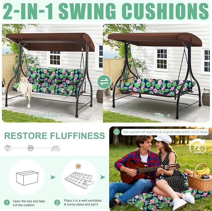 Porch Swing Cushions Outdoor 70 inch x 40 Waterproof Swing Cushions 3 Seater Replacement with Backrest & 8 Ties 5" Thick Bench Swing Cushions for Outdoor Furniture Patio(Green Leaves)