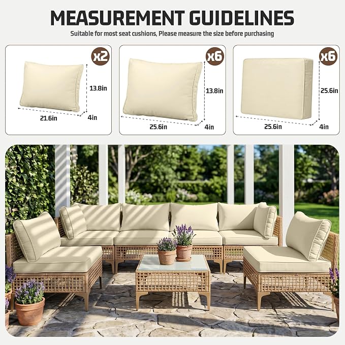 14pcs Outdoor Patio Cushion Covers Replacement, 25.6" Zippered Outdoor Cushion Covers Waterproof, UV Resistant & Washable Patio Furniture Cushion Covers Waterproof for Patio Sectional, Beige