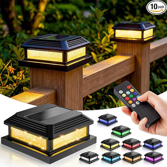 JOFIOS Solar Post Cap Lights, LED, Multi-Color, Plastic, Classic Style, Waterproof IP65, for 4/4.5/5 Inch Posts, Outdoor Patio (10, Black)