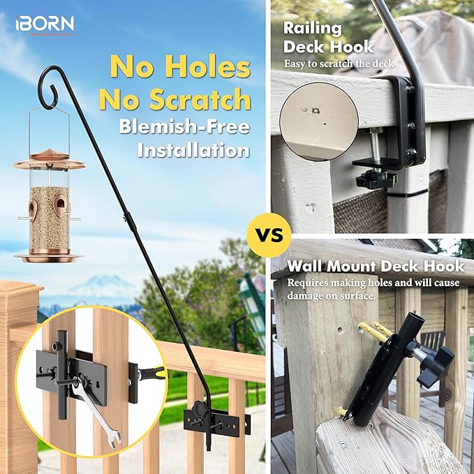 iBorn Fence Deck Hook 28 Inch Railing 180 Degree Rotary 1 Pack + Red Hummingbird Feeder with 14 Bee Guard Ports,13 OZ,2-Pack