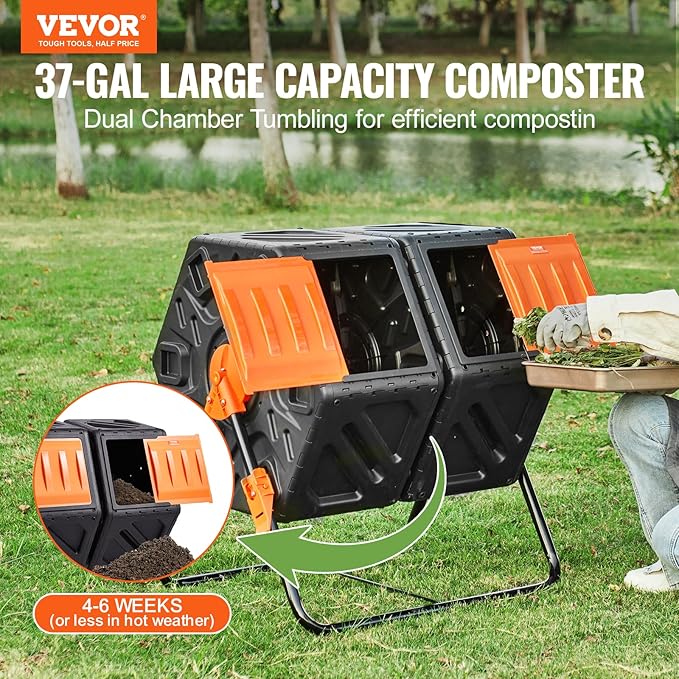 VEVOR Compost Bin, 37-Gal Dual Chamber Composting Tumbler, High Volume Two Rotating Chambers with 2 Sliding Door and Steel Frame, BPA Free Composter Bin Tumbler for Garden, Kitchen, Yard, Outdoor