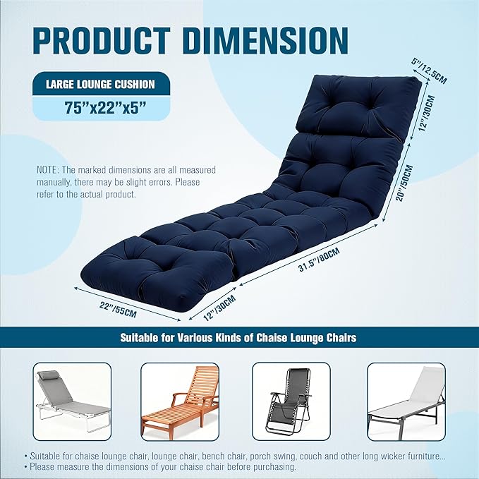 MTMR Chaise Lounge Chair Cushion Outdoor, Waterproof Seat Cushions for Patio Furniture, Non-Slip Outdoor Replacement Pad for Lawn Pool Wicker Couch Loveseat, Thick Long Lounge Cushion, Navy Blue